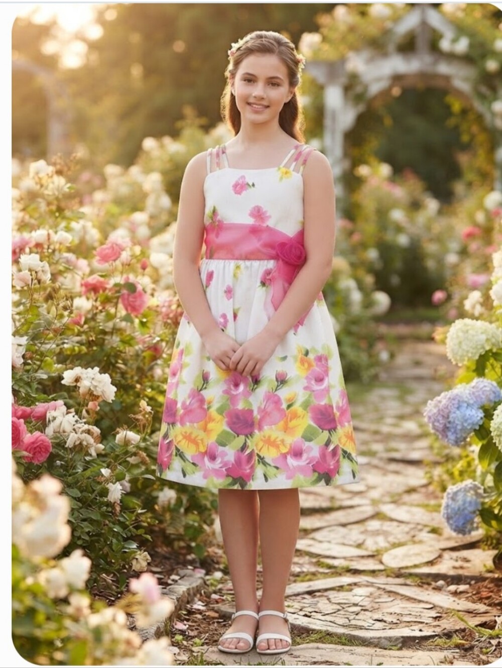 Bonnie Jean Floral Dress with Pink Organza Sash & Bow -Girls Plus Size 18.5